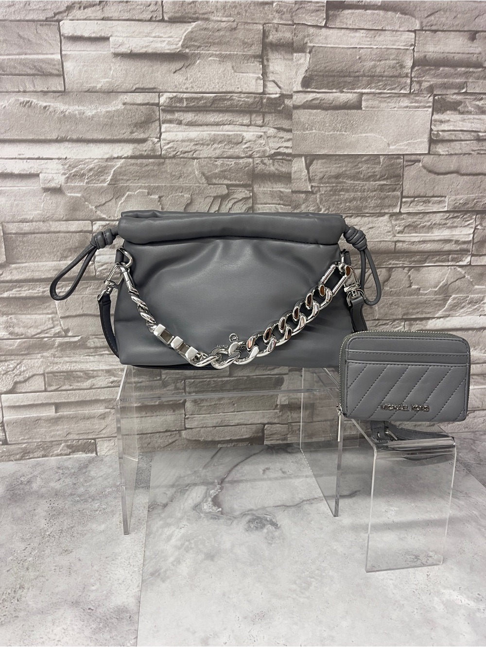 Michael Kors Lina XS Drawstring Crossbody Soft Plush Leather Heather Gray Set